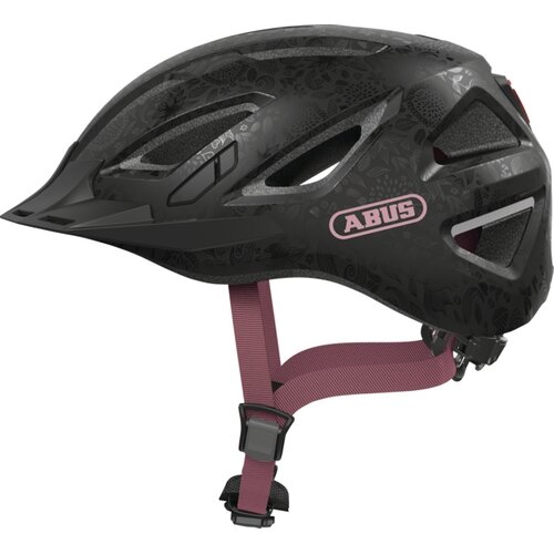 Kask rowerowy ABUS Urban-I 3.0 Flower Art Czarno-fioletowy Miejski z lampką (rozmiar S)