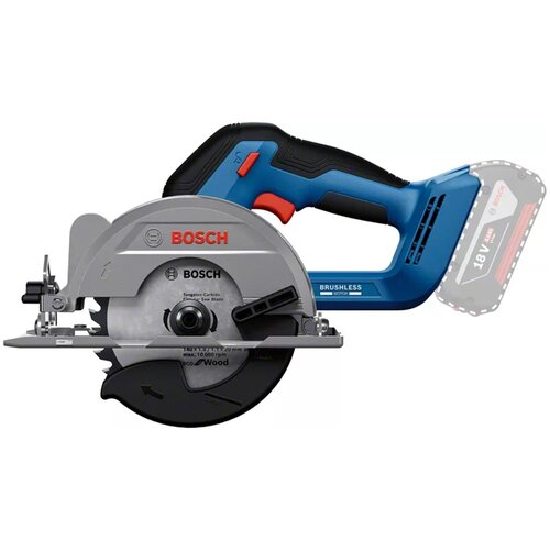 Na zdjęciu znajduje się pilarka tarczowa z widocznym logo "BOSCH" na obudowie oraz napisami "Tungsten Carbide Circular Saw Blade" i "BRUSHLESS MOTOR". Obok znajduje się przezroczysty zarys akumulatora z napisem "18V".