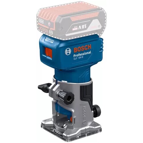 Niebiesko-szara frezarka z widocznym logo "BOSCH Professional GLF 18V-8" oraz miejscem na akumulator oznaczonym "18V". Urządzenie posiada metalową podstawę i kilka elementów regulacyjnych.