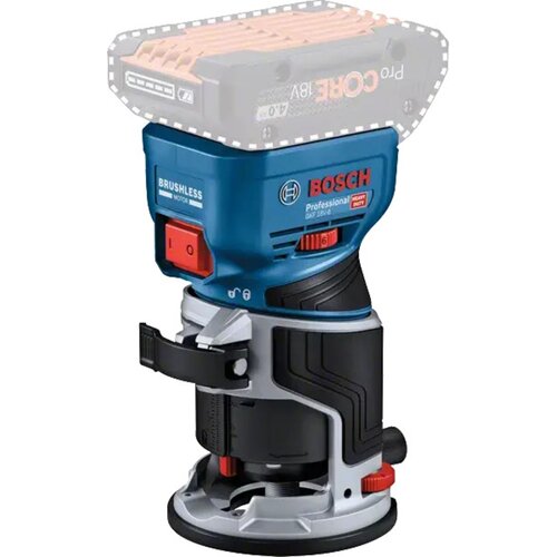 Na zdjęciu widoczna jest niebieska frezarka z czerwonym przyciskiem, oznaczona napisami: "BRUSHLESS MOTOR", "BOSCH Professional GKF 18V-8" oraz "READY FOR AMPShare". Na górze urządzenia znajduje się zarys baterii z napisem "ProCORE 18V".