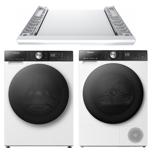 Pralka HISENSE WF5S1045BW Seria 5S PL 10.5kg 1400 obr Autodozowanie Wi-Fi ConnectLife Szybkie programy AllergyCare + Suszarka HISENSE DH5S102BW Seria 5S z pompą ciepła 10.5 kg IonAir Wi-Fi ConnectLife + Łącznik HISENSE WZXX90-BEW001