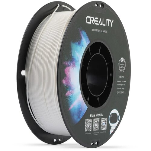 Na zdjęciu znajduje się szpula białego filamentu do drukarki 3D marki CREALITY, z widocznym napisem "CREALITY 3D PRINTER FILAMENT". Na etykiecie znajdują się informacje: "CR-TPU", "Diameter: 1.75MM", "Net Weight: 1KG", "Extruder Temp: 210°C-240°C", a takż