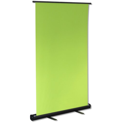 Zielone tło fotograficzne o wymiarach 110 x 200 cm, zamocowane na czarnej podstawie z dwoma nóżkami. Produkt jest prostokątny i jednolicie zielony, bez widocznych napisów ani logo.