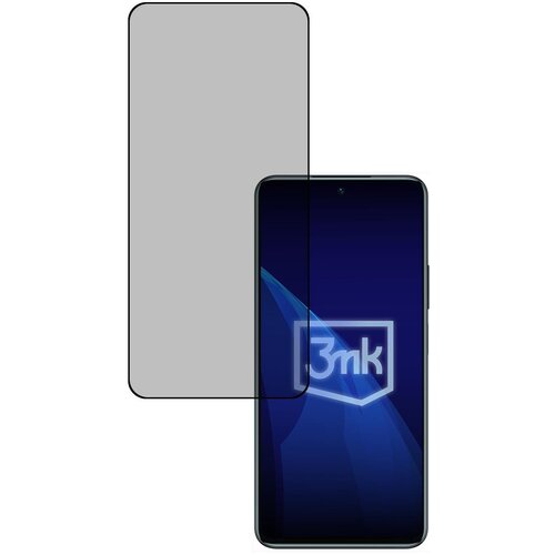 Obraz przedstawia przezroczystą folię ochronną nałożoną na ekran smartfona, z widocznym logo "3mk" na ekranie. Folia jest lekko przyciemniona, a tło ekranu ma ciemnoniebieski kolor z jasnymi, geometrycznymi wzorami.
