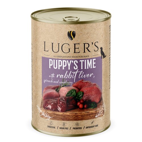 Karma dla psa LUGER'S Puppy's Time z wątróbką z królika, szpinakiem i żurawiną 400 g