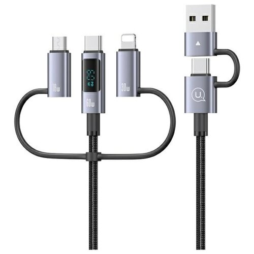 Kabel USB-C/USB-A - USB-C/Micro USB/Lightning USAMS z wyświetlaczem 6w1 60W DP Fast Charging 1.2m Czarno-srebrny