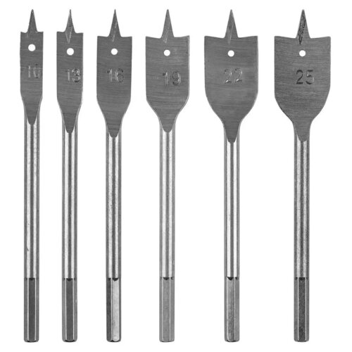 Na zdjęciu znajduje się zestaw sześciu wierteł GRAPHITE 54T515, każde z oznaczeniem rozmiaru: 10, 13, 16, 19, 22, 25. Wiertła mają płaskie końcówki z ostrymi szpicami i są wykonane z metalu.