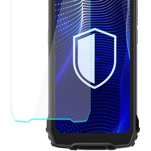 Na zdjęciu widoczny jest telefon z nałożonym szkłem ochronnym, na ekranie którego znajduje się niebieski wzór z białymi kropkami i białą ikoną tarczy. Obok telefonu znajduje się przezroczysta warstwa szkła, która jest lekko uniesiona.