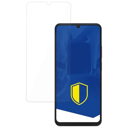 Na zdjęciu widoczne jest szkło hartowane na telefon, obok którego znajduje się smartfon z niebieskim ekranem i żółto-niebieską tarczą. Produkt to "Szkło hartowane 3MK HardGlass do Realme C65s".