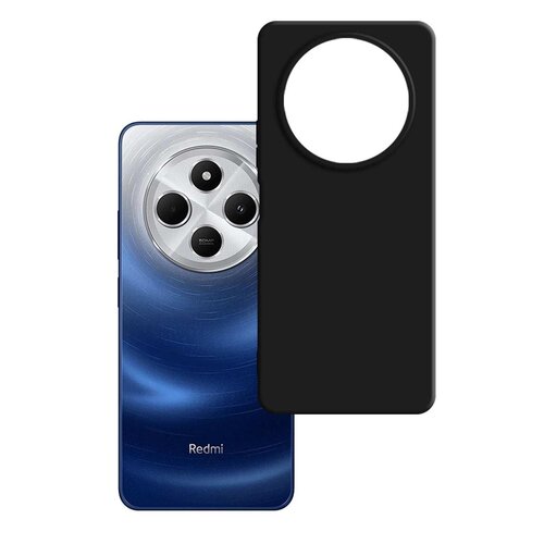 Na zdjęciu widoczny jest czarny futerał z dużym okrągłym wycięciem, obok którego znajduje się niebieski smartfon z trzema obiektywami aparatu i napisem "Redmi" na dole. Tło smartfona ma gradientowy wzór w odcieniach niebieskiego.