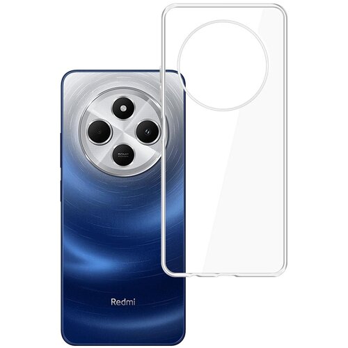 Przezroczyste etui na telefon jest umieszczone obok smartfona z niebieskim gradientem i okrągłym modułem aparatu z czterema obiektywami. Na dole telefonu widoczny jest napis "Redmi".