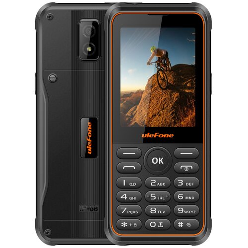 Telefon komórkowy z klawiaturą numeryczną, wyświetlaczem pokazującym obraz rowerzysty na skałach oraz logo "uleFone" widoczne pod ekranem. Na tylnej obudowie znajduje się napis "uleFone" oraz oznaczenie "IP-68".