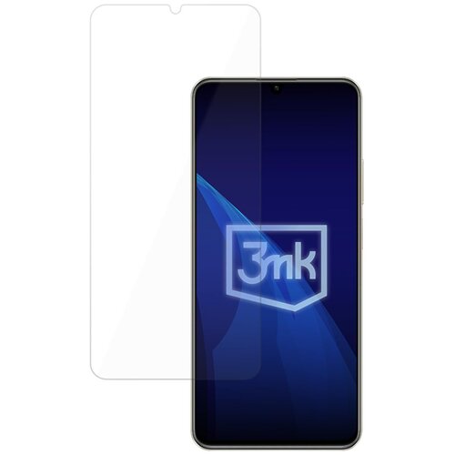 Na zdjęciu widoczny jest telefon z nałożonym szkłem hartowanym, obok którego znajduje się przezroczysta nakładka. Na ekranie telefonu wyświetlone jest logo "3mk".