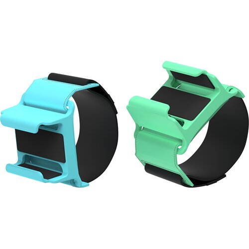 Dwie opaski na rękę w kolorach turkusowym i miętowym, przeznaczone do Nintendo Switch/Switch OLED, z czarnymi paskami i uchwytami na kontrolery. Produkt to "Opaska na rękę DOBE TNS-2126B do Nintendo Switch/Switch OLED (2 szt.)".