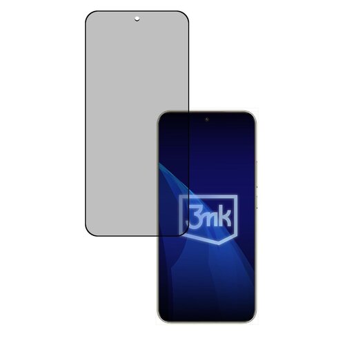 Na zdjęciu widoczna jest przezroczysta folia ochronna na ekran smartfona, obok której znajduje się telefon z wyświetlaczem w kolorze granatowym. Na ekranie telefonu widnieje logo "3mk" w białym kolorze.