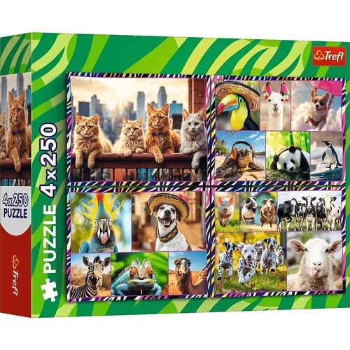Pudełko puzzli przedstawia różne zwierzęta w zabawnych pozach, w tym koty, papugę, psa w sombrero, pandę i inne. Na opakowaniu widnieje napis "Puzzle 4 x 250" oraz logo "Trefl".
