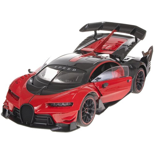Czerwony zdalnie sterowany samochód z czarnymi elementami, otwartymi drzwiami i podniesionym tylnym spojlerem, z napisem "SPEED" na masce. Model ma sportowy design z detalami aerodynamicznymi i czarnymi felgami.