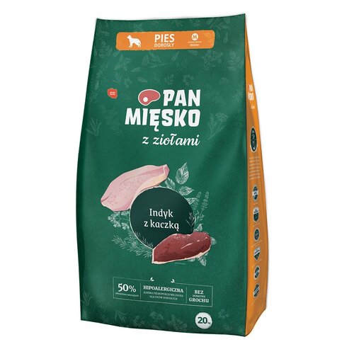 Karma dla psa PAN MIĘSKO Indyk z kaczką i ziołami M 20 kg