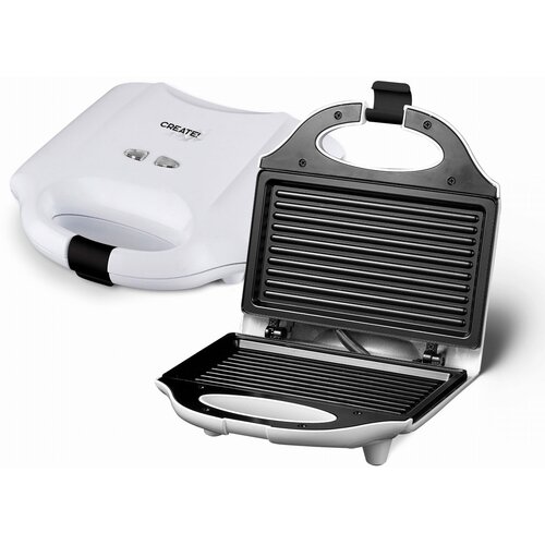 Na zdjęciu widoczny jest biały grill elektryczny z otwartą pokrywą, ukazującą żebrowane płyty grzewcze. Na zamkniętej części urządzenia znajduje się logo "CREATE".