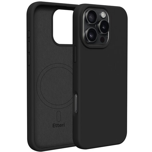 Czarne etui silikonowe z okrągłym wzorem wewnątrz, przeznaczone do telefonu Apple iPhone 16 Pro. Na wewnętrznej stronie etui widoczny jest napis "Etteri".