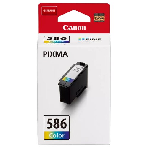 Opakowanie tuszu Canon z widocznym napisem "Genuine" oraz logo Canon na czerwonym tle. Na białym tle opakowania znajduje się zdjęcie kolorowego kartridża z oznaczeniem "586 Color" oraz napisami "PIXMA" i "FINE Cartridge".