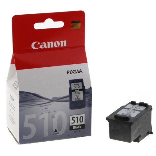 Opakowanie tuszu do drukarki z widocznym logo "Canon" na czerwonym tle oraz napisem "PIXMA" na białym tle, obok znajduje się czarny wkład z etykietą "Canon 510 Black PG-510". Na opakowaniu widoczny jest również duży numer "510" oraz napis "Black".