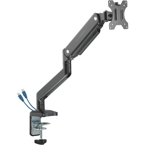 Czarny uchwyt do monitora z ramieniem przegubowym, wyposażony w dwa porty USB oraz dwa niebieskie kable USB, zamocowany na metalowym zacisku. Na ramieniu widoczne jest logo "ULTRADESK".