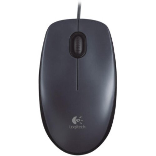 Czarno-szara mysz komputerowa z przewodem, posiada dwa przyciski i rolkę przewijania na środku. Na powierzchni myszy widoczne jest logo "Logitech".