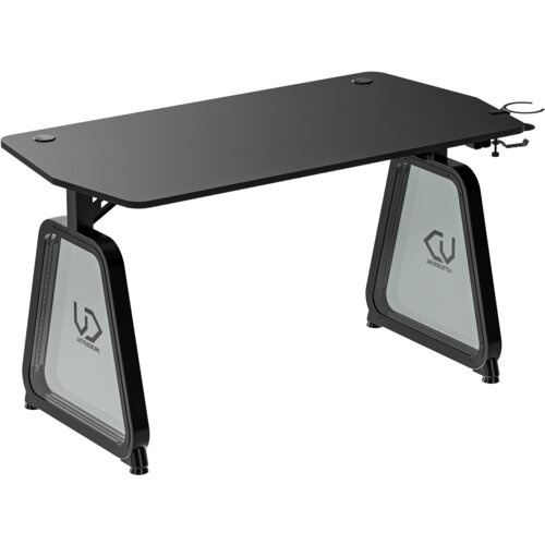 Czarne biurko gamingowe z prostokątnym blatem i solidnymi nogami, na których widnieje logo "ULTRADESK". Na blacie znajdują się dwa otwory na kable oraz uchwyt na słuchawki.