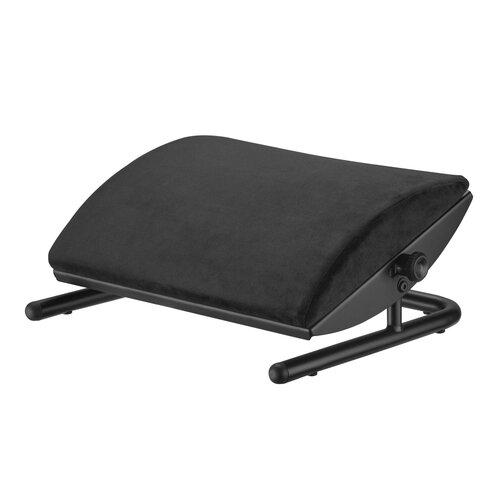 Czarny podnóżek o ergonomicznym kształcie z regulacją wysokości, wykonany z miękkiego materiału, osadzony na metalowej ramie. Produkt nie posiada widocznych napisów ani logo.