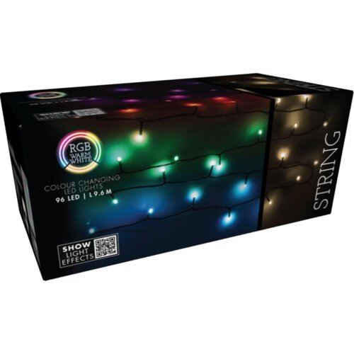 Pudełko przedstawia lampki choinkowe LED z efektem zmieniających się kolorów, z napisem "RGB WARM WHITE" oraz "COLOUR CHANGING LED LIGHTS 96 LED | 9.6 M". Na opakowaniu znajduje się również napis "SHOW LIGHT EFFECTS" oraz kod QR.