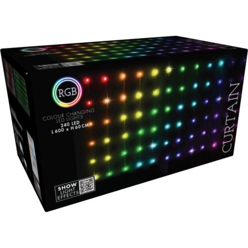 Na zdjęciu znajduje się opakowanie lampek choinkowych LED z efektem kurtyny, które zmieniają kolory. Na opakowaniu widnieje napis: "RGB Colour Changing LED Lights 240 LED L600 x H60 cm" oraz "Show Light Effects".