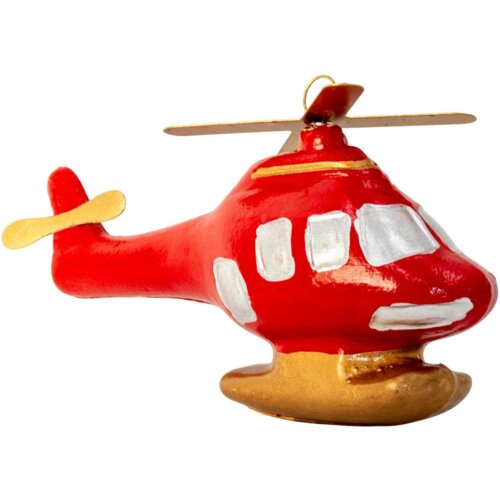 Czerwona bombka w kształcie helikoptera z białymi oknami i złotymi elementami, takimi jak śmigło i podwozie. Produkt ma błyszczącą powierzchnię i jest przeznaczony do dekoracji świątecznych.