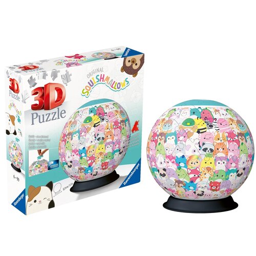 Pudełko z puzzlami 3D przedstawia kolorową kulę z wizerunkami postaci Squishmallows, a na opakowaniu widnieje napis "3D Puzzle" oraz "Original Squishmallows". Na pudełku znajduje się również logo "Ravensburger" oraz informacja o liczbie elementów: "73 ele