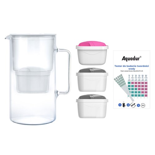 Dzbanek filtrujący WESSPER AquaMax Crystalline + 3 wkłady Biały + Paskowy tester twardości wody AQUADUR 5-25 (5 szt.)