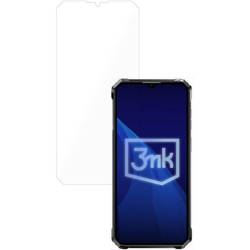 Na zdjęciu widoczne jest szkło hybrydowe 3MK FlexibleGlass Lite oraz smartfon z wyświetlaczem, na którym znajduje się logo "3mk". Szkło jest przezroczyste i ma wycięcie na górze, a ekran telefonu pokazuje niebieskie tło z białym logo.
