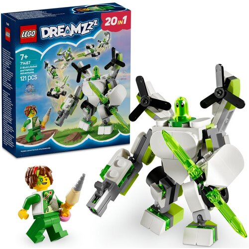 Na zdjęciu znajduje się zestaw klocków LEGO o nazwie "LEGO 71487 DREAMZzz Przygody Z-Bloba - roboty i pojazdy", przedstawiający robota z zielonymi i białymi elementami oraz figurkę postaci z akcesorium. W tle widoczne jest opakowanie z grafiką robota i na