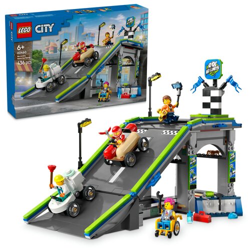 Zestaw LEGO 60460 City przedstawia tor z rampami dla wyścigówek, z widocznymi dwoma pojazdami na rampie oraz figurkami postaci. Na opakowaniu znajduje się logo LEGO, napis "City", oznaczenie wiekowe "6+", numer zestawu "60460" oraz informacja o liczbie el