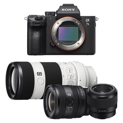 Aparat bezlusterkowy SONY Alpha A7 III (ILCE-7M3B.CEC) Body Czarny, Full Frame, 24Mpix, UHD 4K 30p, BIONZ X + Obiektyw SONY FE 16-25mm f/2.8 G (SEL1625G.SYX) + Obiektyw SONY SEL-70200G + Obiektyw SONY FE 50 mm f/1.8