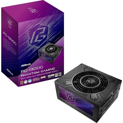 Pudełko i zasilacz ASRock Phantom Gaming 1300W 80 Plus Gold są widoczne na zdjęciu. Na pudełku znajduje się tekst: "PG-1300G Phantom Gaming Gold 1300W Full Modular Power Supply", a także logo ASRock.