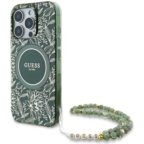 Etui GUESS IML Flowers Allover Electro With Pearl Strap MagSafe do Apple iPhone 16 Pro Max Zielony
