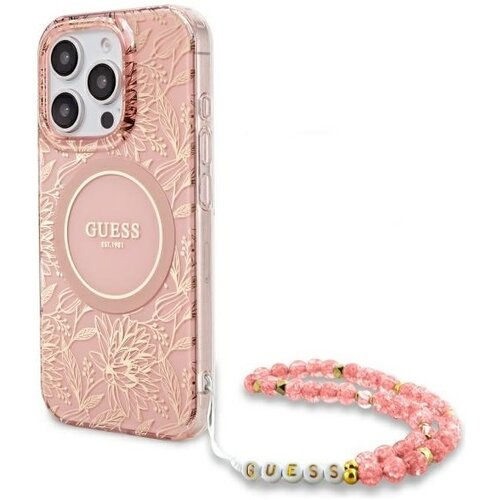 Etui GUESS IML Flowers Allover Electro With Pearl Strap MagSafe do Apple iPhone 16 Pro Różowy
