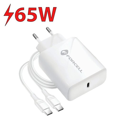 Biała ładowarka sieciowa z logo "FORCELL" oraz dwoma wtyczkami USB-C, obok widoczny jest czerwony napis "65W" z symbolem błyskawicy.