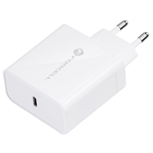 Biała ładowarka sieciowa z dwoma metalowymi bolcami i jednym portem USB-C. Na obudowie widoczne jest logo "FORCELL".