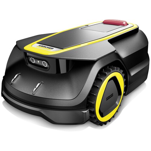 Czarny robot koszący z żółtymi akcentami i widocznym logo "KARCHER" na górnej części obudowy. Robot ma dwa duże koła z żółtymi obręczami i prostokątny panel na górze.