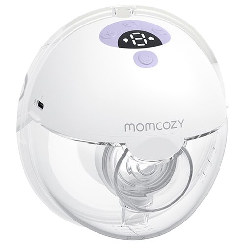 Biało-fioletowy laktator z wyświetlaczem cyfrowym i przyciskami sterującymi na górze, z widocznym logo "momcozy" na obudowie. Produkt ma przezroczysty pojemnik z miarką.