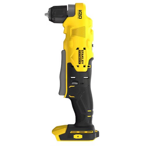 Żółto-czarna wiertarka kątowa z widocznym napisem "STANLEY FATMAX" oraz oznaczeniem "V20 LITHIUM ION" na obudowie. Produkt ma ergonomiczny uchwyt i kompaktową konstrukcję.