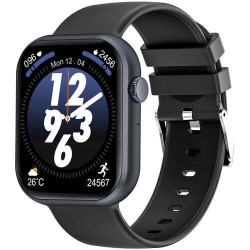 Czarny smartwatch z okrągłym wyświetlaczem pokazuje godzinę 12:04, datę "Mon 12.04", liczbę kroków 24567, temperaturę 26°C oraz ikonę pogody i aktywności. Pasek zegarka jest również czarny, a na ekranie widoczne są duże cyfry oraz wskaźniki aktywności.