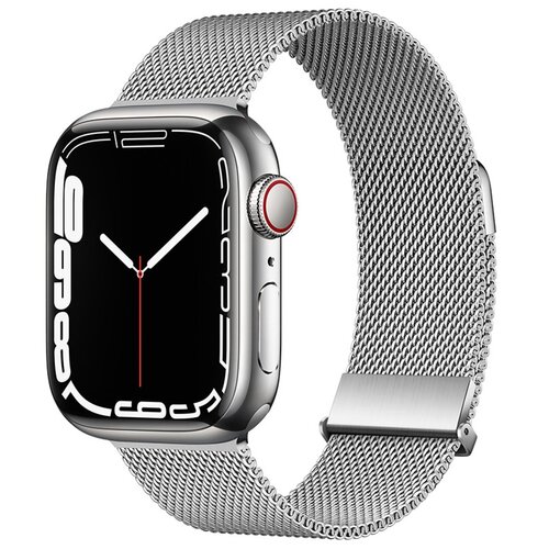 Srebrny pasek typu Milanese do zegarka Apple Watch, wykonany z metalowej siatki, z widocznym zapięciem magnetycznym. Zegarek ma czarny wyświetlacz z białymi cyframi i czerwonym sekundnikiem.