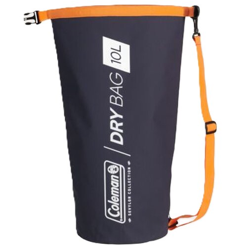 Czarno-pomarańczowy worek wodoszczelny z napisem "Coleman DRY BAG 10L" oraz logo "Coleman" umieszczonym pionowo. Worek posiada pomarańczowy pasek z klamrą.